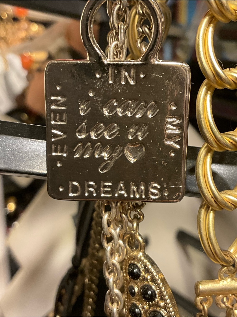 ALIXIS KIRK Silver Pendant Necklace - "In My Dreams" Script Tag VINTAGE 1970s